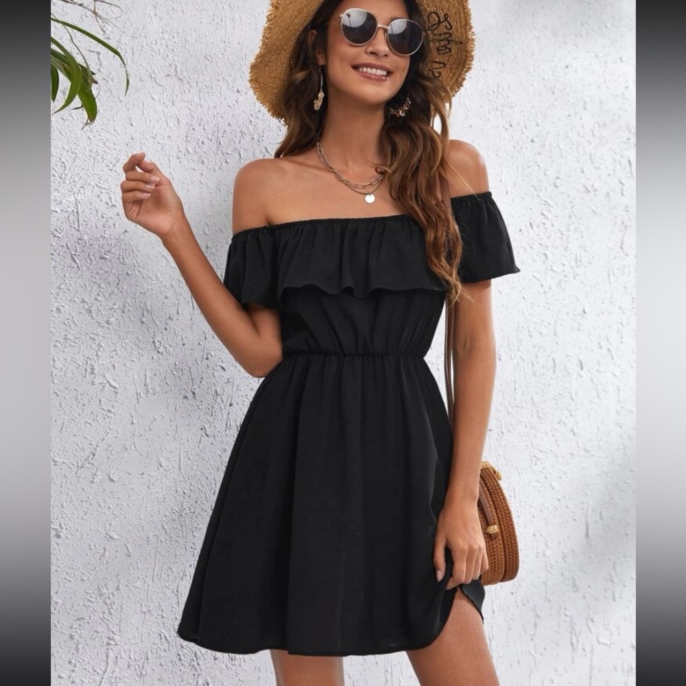 NWOT OFF THE SHOULDER BLACK BOHO DRESS - Picture 1 of 4